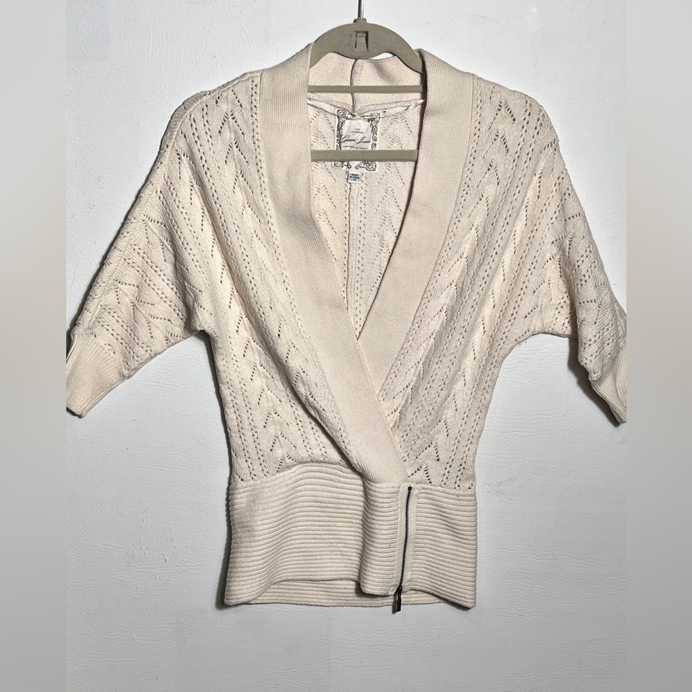Guess Jeans Vintage Cream Knit V-Neck Cardigan 1/4 Sleeves XS